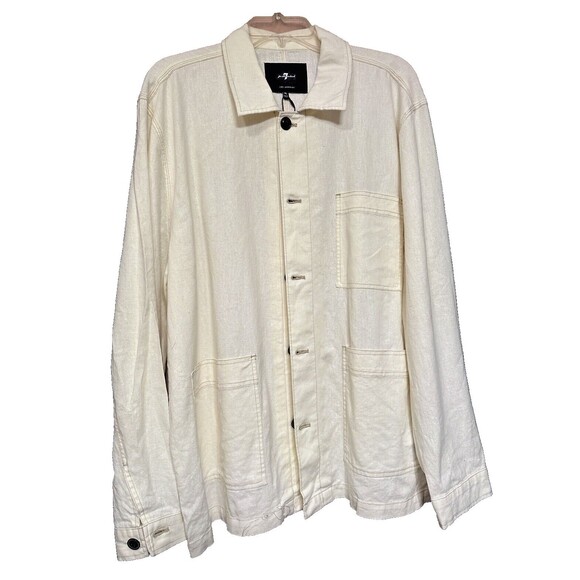 7 FOR ALL MANKIND Shirt Jacket Ecru Brown Top Stitching Button Patch Pockets XL - Picture 3 of 16